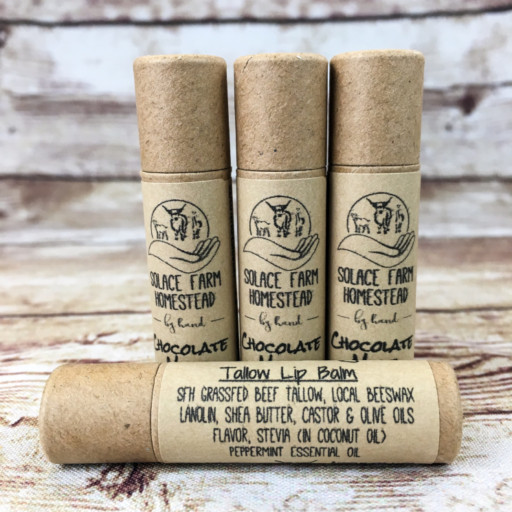 Tallow Lip Balm Paper Tube Showing Ingredients Label