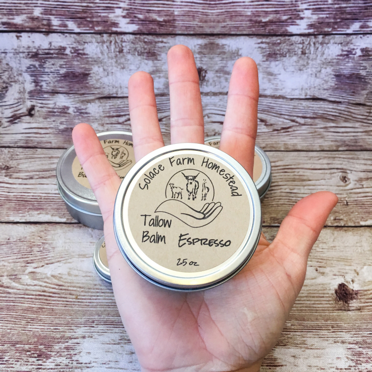 2.5 oz Tallow Body Balm Tin in Woman's Hand for Size