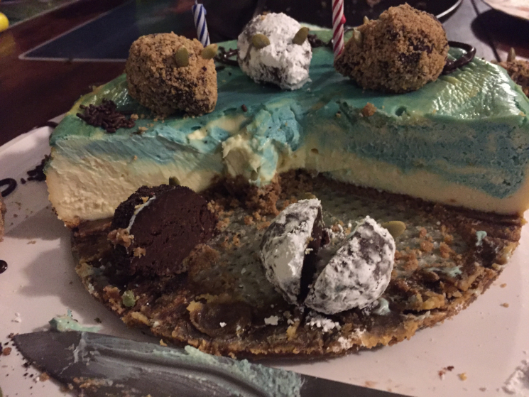 Blue-swirled Cheesecake with Chocolate Mice 