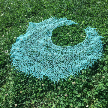 Hand-Knit Shawl, Robin's Egg Blue Lamb's Wool Hand-Dyed Crescent Wrap, Hand-Spun from Heirloom Tunis Sheep Wool