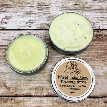 Herbal Grass-fed Tallow Salve, Infused with Nettle & Plantain, with Essential Oils